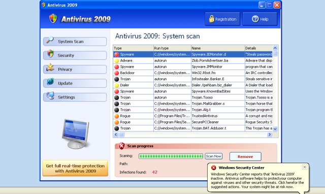 Pantalla del virus: antivirus 2009